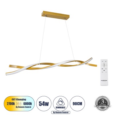 Μοντέρνο Κρεμαστό Φωτιστικό Οροφής LED 54W 6048lm 300° AC 220-240V IP20 Ρυθμιζόμενο Λευκό CCT με Χειριστήριο από 2700K έως 6000K Dimmable - Lumileds SMD Chip - Σατινέ Χρυσό Βούρτσας - Μ90 x Π14 x Υ14cm - 3 Χρόνια Εγγύηση