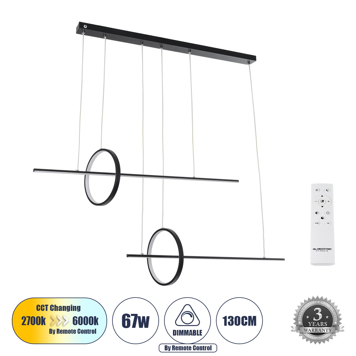 Μοντέρνο Κρεμαστό Φωτιστικό Οροφής LED 67W 7504lm 300° AC 220-240V IP20 Ρυθμιζόμενο Λευκό CCT με Χειριστήριο από 2700K έως 6000K Dimmable - Lumileds SMD Chip - Μαύρο Ματ - Μ130 x Π25 x Υ60cm - 3 Χρόνια Εγγύηση