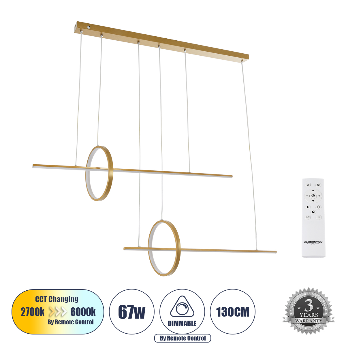 Μοντέρνο Κρεμαστό Φωτιστικό Οροφής LED 67W 7504lm 300° AC 220-240V IP20 Ρυθμιζόμενο Λευκό CCT με Χειριστήριο από 2700K έως 6000K Dimmable - Lumileds SMD Chip - Χρυσό Βούρτσας - Μ130 x Π25 x Υ60cm - 3 Χρόνια Εγγύηση