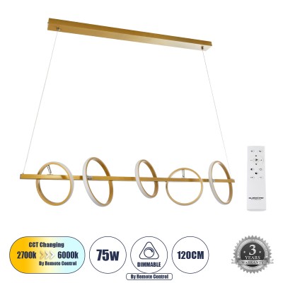 Μοντέρνο Κρεμαστό Φωτιστικό Οροφής LED 75W 8400lm 360° AC 220-240V IP20 Ρυθμιζόμενο Λευκό CCT με Χειριστήριο από 2700K έως 6000K Dimmable - Lumileds SMD Chip - Χρυσό - Μ120 x Π25 x Υ25cm - 3 Χρόνια Εγγύηση