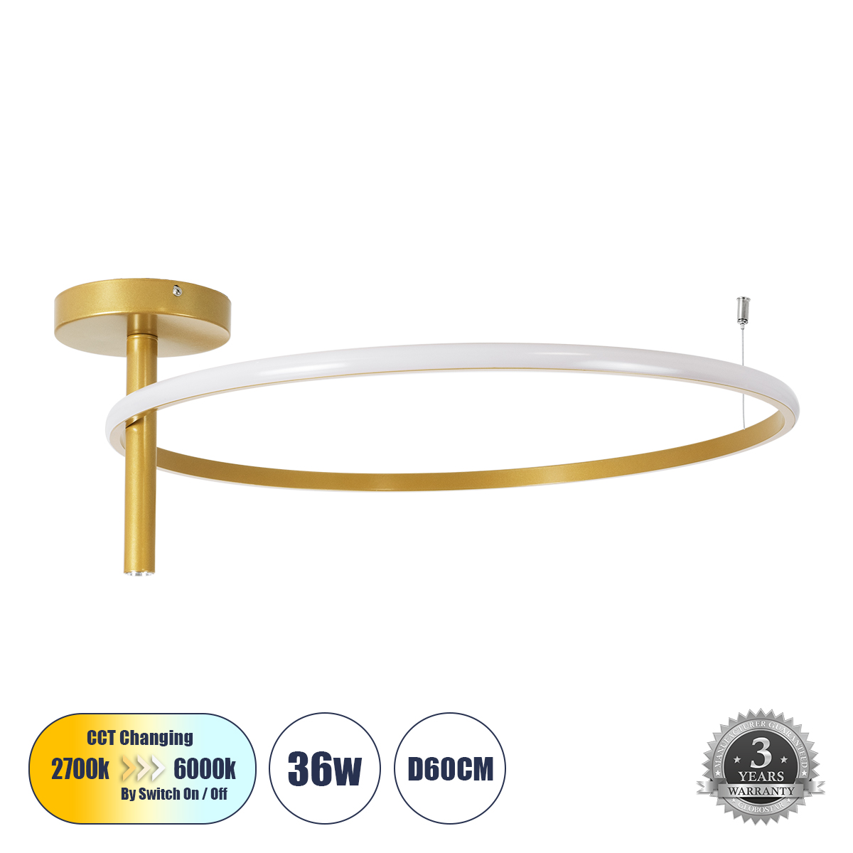 Μοντέρνο Φωτιστικό Οροφής LED 36W 4032lm 360° AC 220-240V IP20 Ρυθμιζόμενο Λευκό CCT με On/Off 2700K/4500K/6000K - Lumileds SMD Chip - Χρυσό Βούρτσας - Μ60 x Π60 x Υ23cm - 3 Χρόνια Εγγύηση