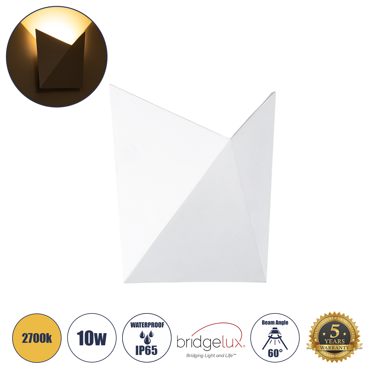 Μοντέρνο Φωτιστικό Τοίχου - Απλίκα LED 10W 1000lm 60° AC 220-240V Αδιάβροχο IP65 Θερμό Λευκό 2700K - Bridgelux COB Chip & TÜV SÜD Driver - Λευκό Ματ - Μ17 x Π7.5 x Υ17cm - 5 Χρόνια Εγγύηση