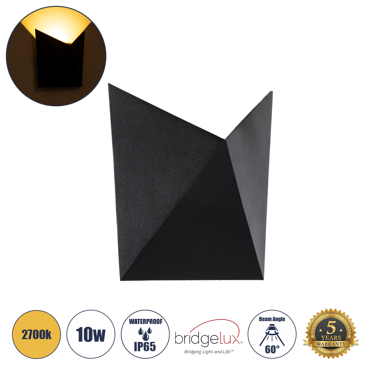 Μοντέρνο Φωτιστικό Τοίχου - Απλίκα LED 10W 1000lm 60° AC 220-240V Αδιάβροχο IP65 Θερμό Λευκό 2700K - Bridgelux COB Chip & TÜV SÜD Driver - Μαύρο Ματ - Μ17 x Π7.5 x Υ17cm - 5 Χρόνια Εγγύηση