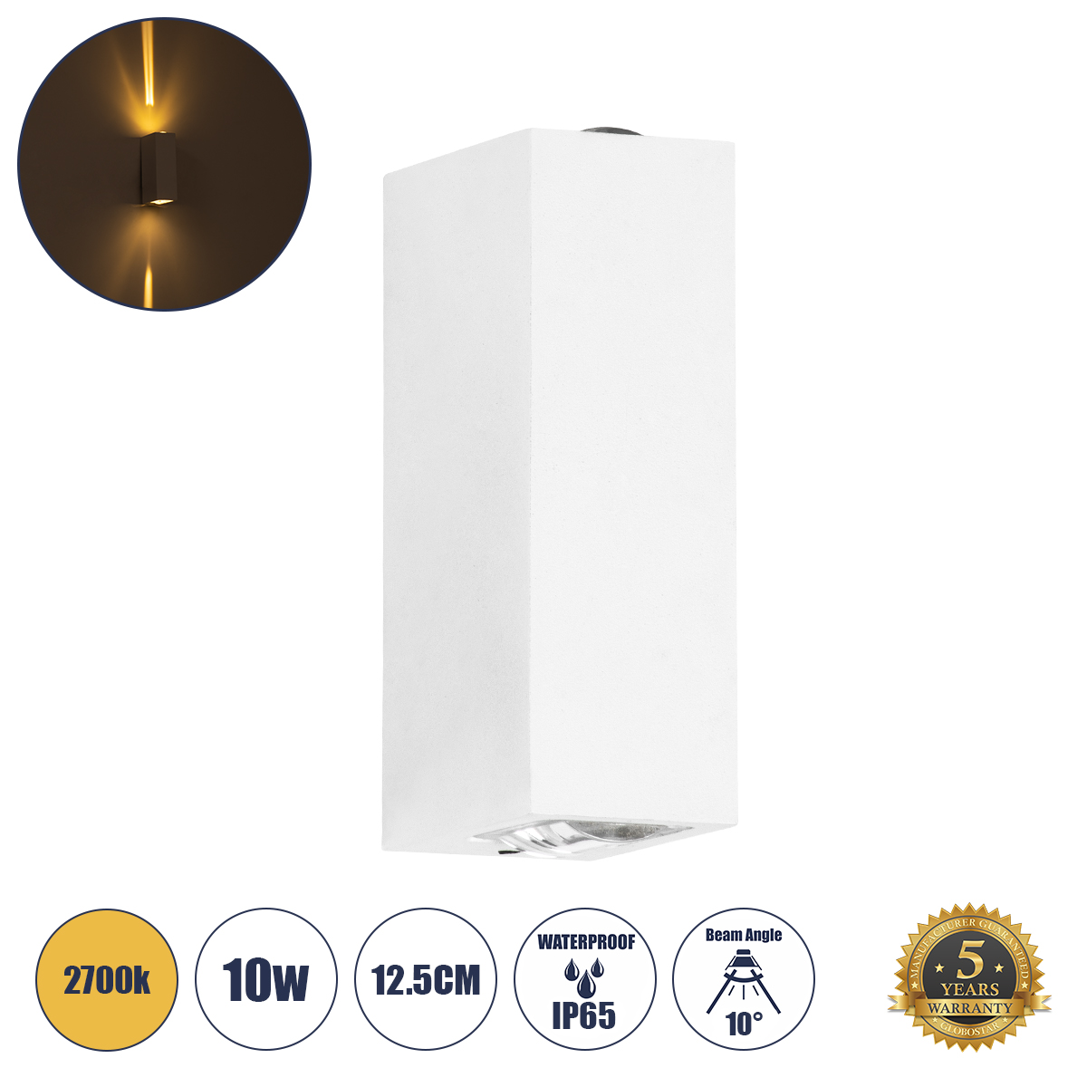 Μοντέρνο Φωτιστικό Τοίχου - Απλίκα LED 10W 1000lm 10° AC 220-240V Αδιάβροχο IP65 Θερμό Λευκό 2700K - Bridgelux COB Chip & TÜV SÜD Driver - Λευκό Ματ - Μ12.5 x Π6 x Υ4cm - 5 Χρόνια Εγγύηση