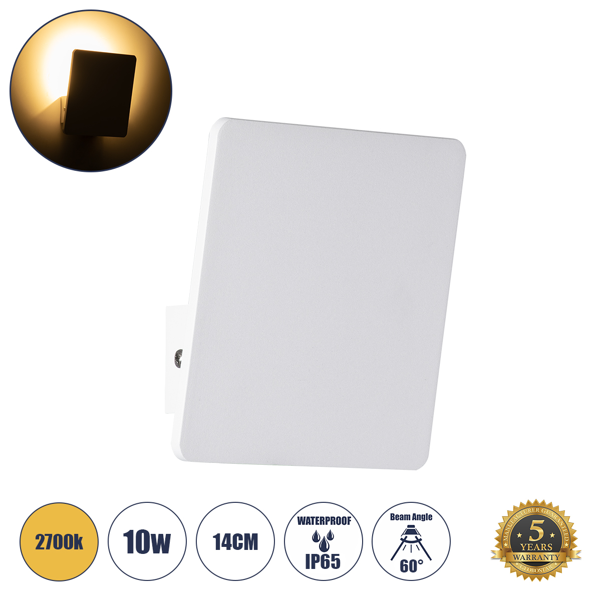 Μοντέρνο Φωτιστικό Τοίχου - Απλίκα LED 10W 1000lm 60° AC 220-240V Αδιάβροχο IP65 Θερμό Λευκό 2700K - Bridgelux COB Chip & TÜV SÜD Driver - Λευκό Ματ - Μ14 x Π14 x Υ4.5cm - 5 Χρόνια Εγγύηση