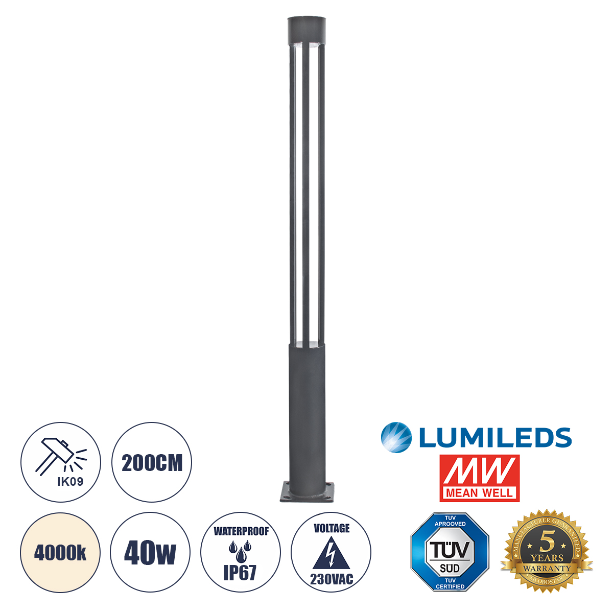 Urban Light Φωτιστικό Πάρκου - Πλατείας - Κήπου Ύψους 2 μέτρων LED 40W 5440lm 60° AC100-240VAC IP67 IK09 - D15.5 x H200cm - Anthracite Grey - Φυσικό Λευκό 4000K - LUMILEDS - MEAN WELL DRIVER - 5 Years Warranty