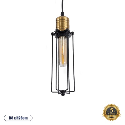Vintage Κρεμαστό Φωτιστικό Οροφής με Ντουί 1 x E27 AC 220-240V IP20 - Μαύρο & Χρυσό - Μ8 x Π8 x Υ28cm