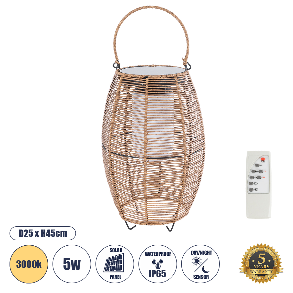 Boho Επιδαπέδιο Φωτιστικό LED 5W 200lm 180° με Φωτοβολταϊκό Panel 3.6V 0.1W με Αισθητήρα Ημέρας/Νύχτας Αδιάβροχο IP65 Θερμό Λευκό 2700K - Μπεζ - Μ25 x Π25 x Υ45cm - 2 Χρόνια Εγγύηση