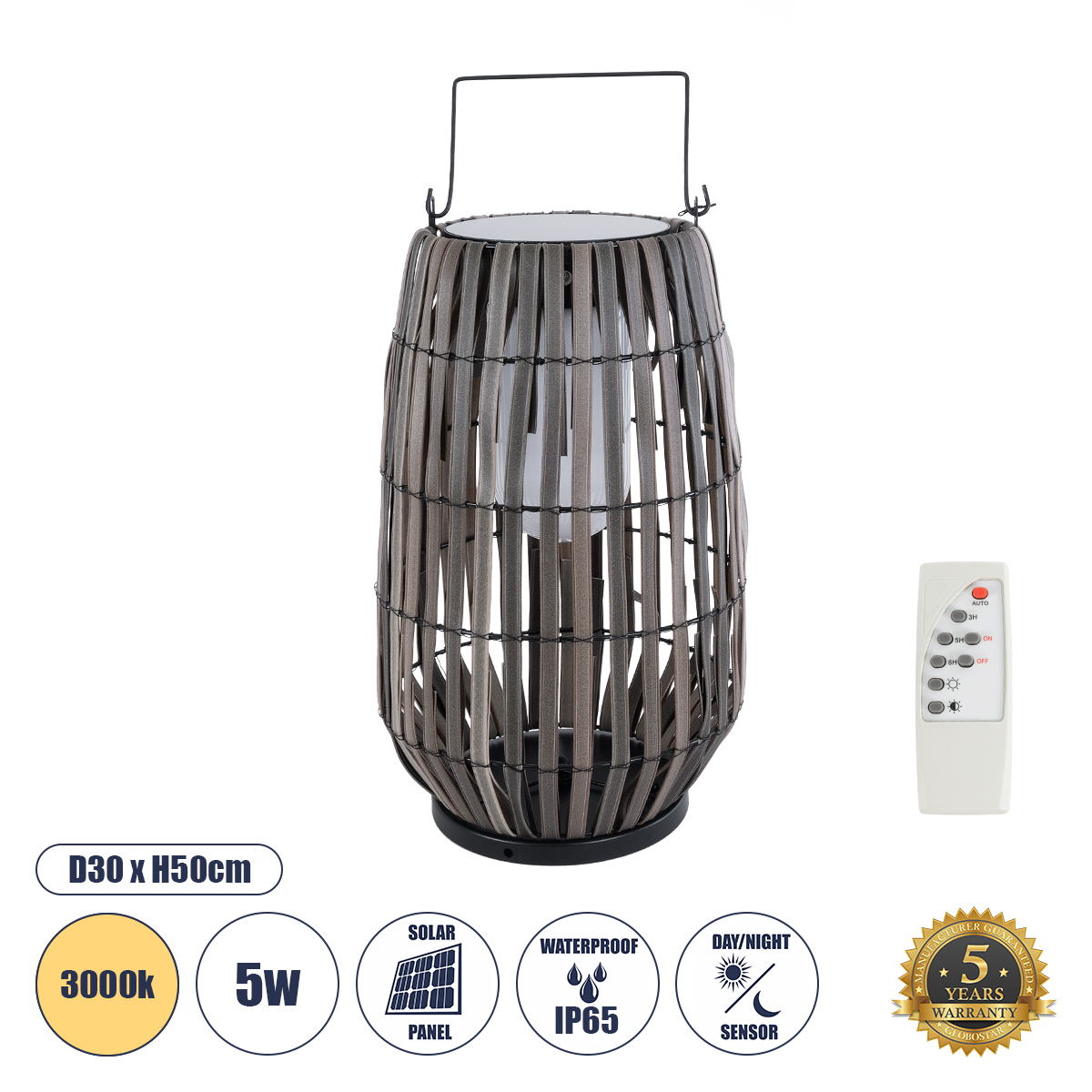 Boho Επιδαπέδιο Φωτιστικό LED 5W 200lm 180° με Φωτοβολταϊκό Panel 3.6V 0.1W με Αισθητήρα Ημέρας/Νύχτας Αδιάβροχο IP65 Θερμό Λευκό 2700K - Γκρι - Μ30 x Π30 x Υ50cm - 2 Χρόνια Εγγύηση