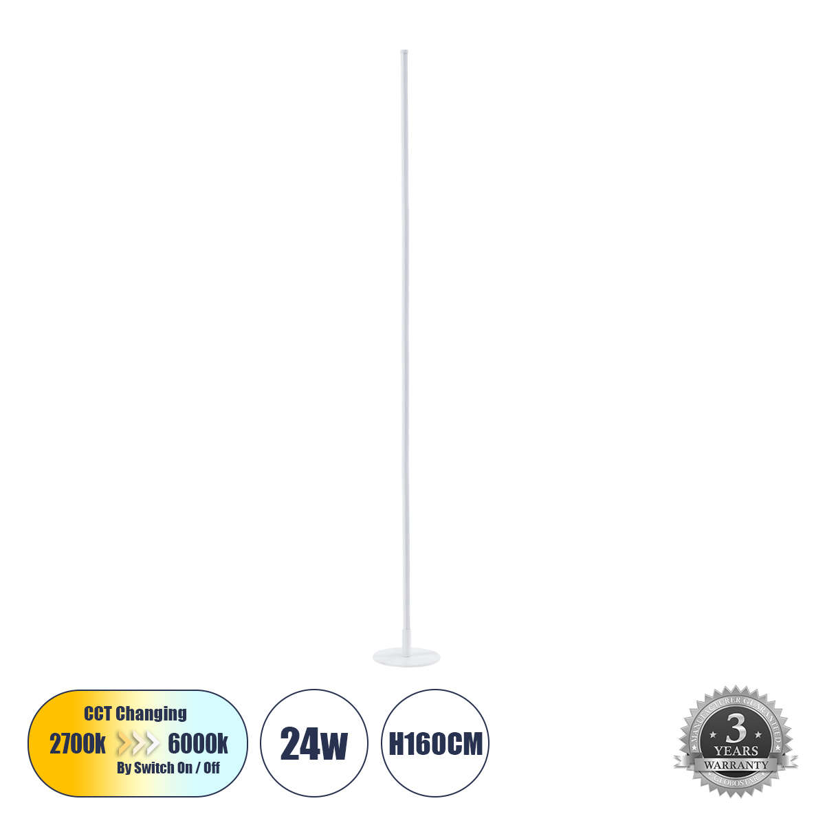 Μοντέρνο Επιδαπέδιο Φωτιστικό LED 24W 2640lm 200° AC 220-240V IP20 Ρυθμιζόμενο Λευκό CCT με On/Off 2700K/4500K/6000K - Lumileds SMD Chip - Λευκό - Μ18 x Π18 x Υ160cm - 3 Χρόνια Εγγύηση