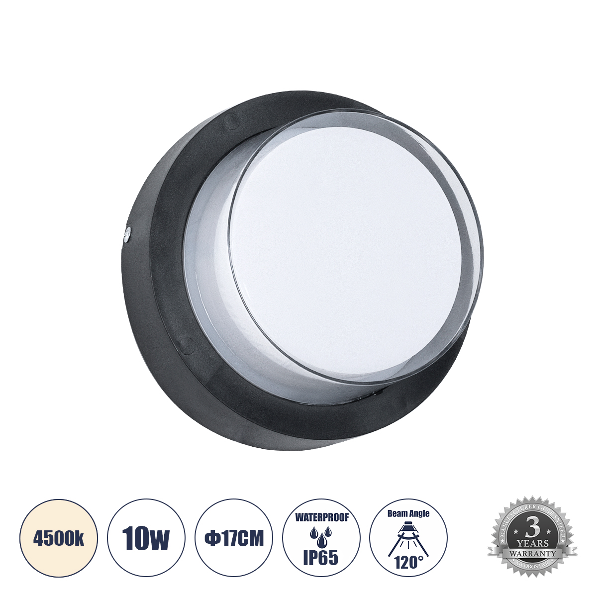 Μοντέρνο Φωτιστικό Τοίχου - Απλίκα LED 10W 1050lm 120° AC 220-240V Αδιάβροχο IP65 Φυσικό Λευκό 4500K - Bridgelux SMD Chip - Μαύρο Ματ - Μ17 x Π17 x Υ9cm - 3 Χρόνια Εγγύηση