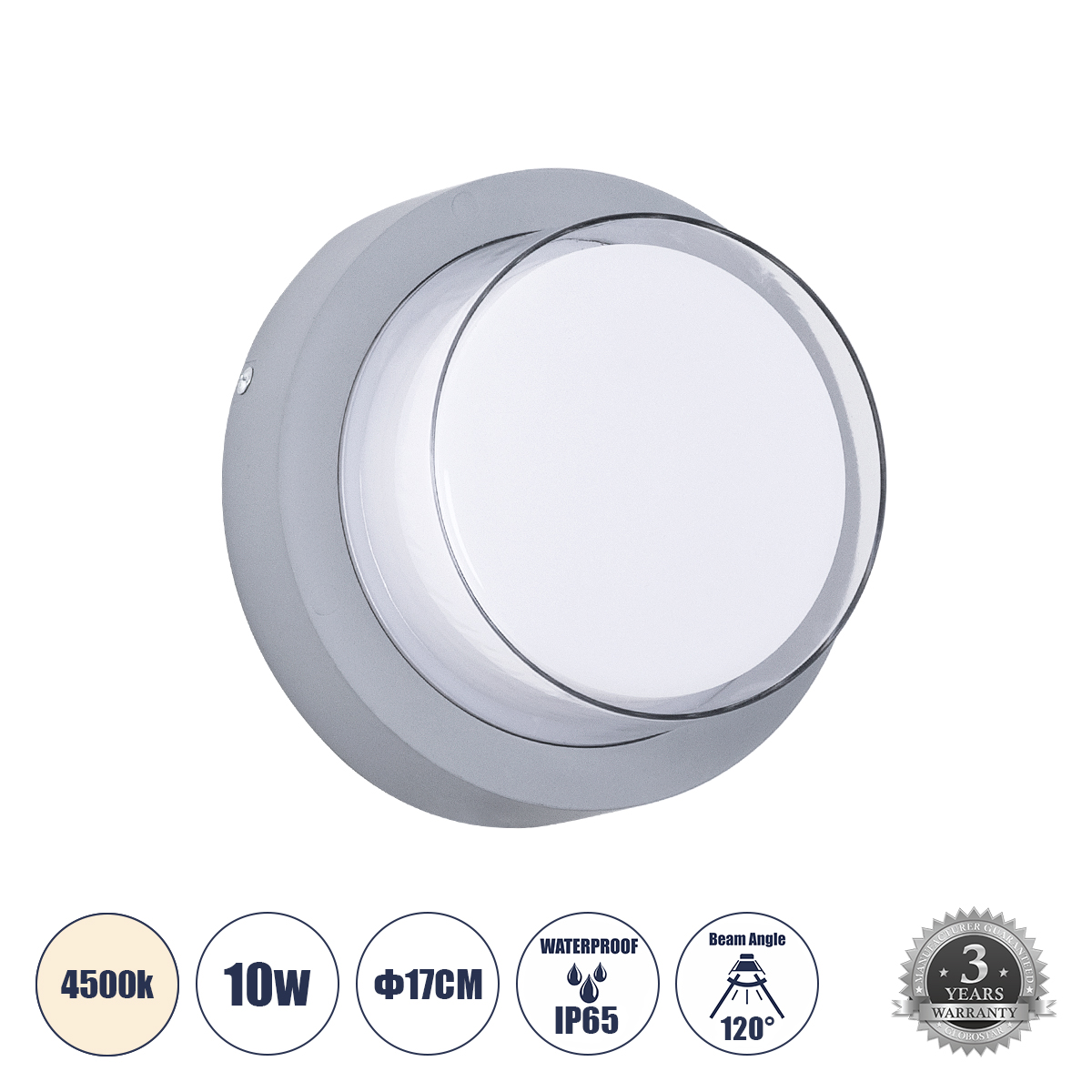 Μοντέρνο Φωτιστικό Τοίχου - Απλίκα LED 10W 1050lm 120° AC 220-240V Αδιάβροχο IP65 Φυσικό Λευκό 4500K - Bridgelux SMD Chip - Γκρι - Μ17 x Π17 x Υ9cm - 3 Χρόνια Εγγύηση