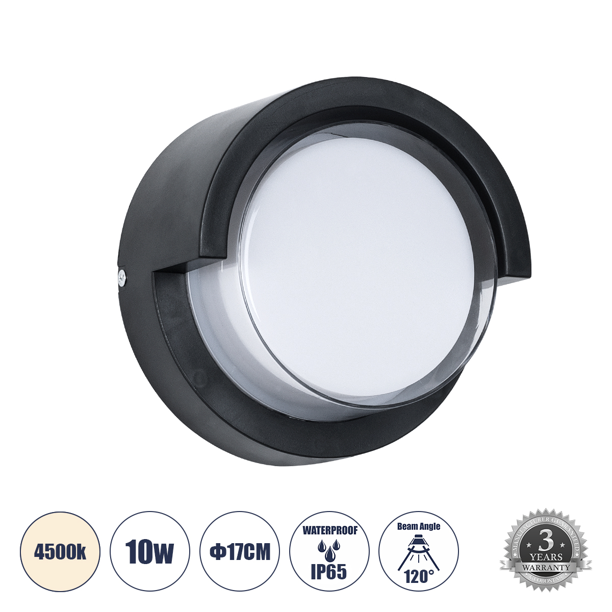 Μοντέρνο Φωτιστικό Τοίχου - Απλίκα LED 10W 1050lm 120° AC 220-240V Αδιάβροχο IP65 Φυσικό Λευκό 4500K - Bridgelux SMD Chip - Μαύρο Ματ - Μ17 x Π17 x Υ9cm - 3 Χρόνια Εγγύηση