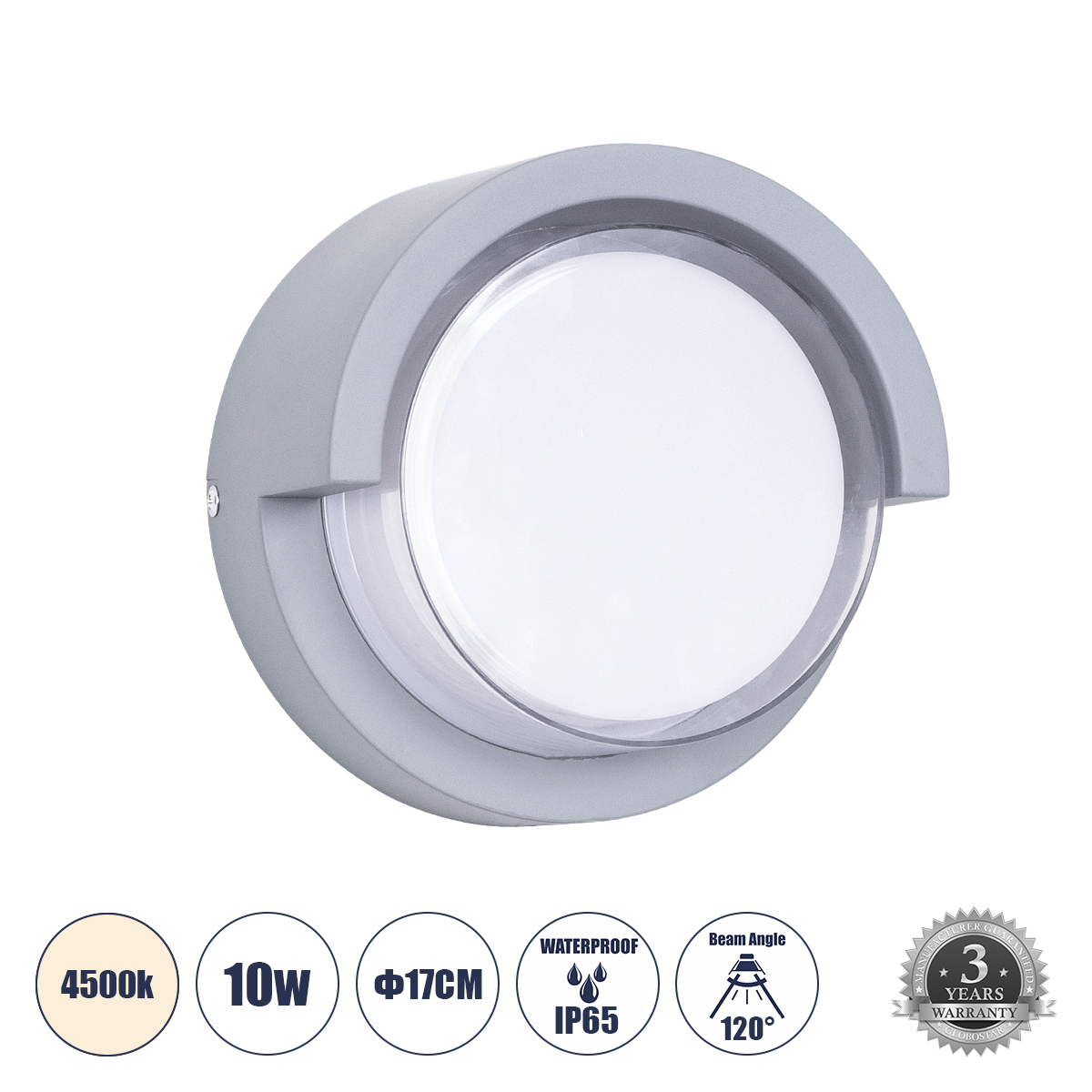 Μοντέρνο Φωτιστικό Τοίχου - Απλίκα LED 10W 1050lm 120° AC 220-240V Αδιάβροχο IP65 Φυσικό Λευκό 4500K - Bridgelux SMD Chip - Γκρι - Μ17 x Π17 x Υ9cm - 3 Χρόνια Εγγύηση