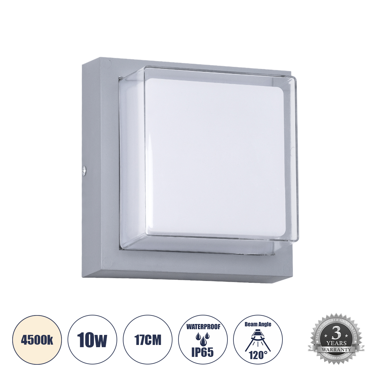 Μοντέρνο Φωτιστικό Τοίχου - Απλίκα LED 10W 1050lm 120° AC 220-240V Αδιάβροχο IP65 Φυσικό Λευκό 4500K - Bridgelux SMD Chip - Γκρι - Μ17 x Π17 x Υ9cm - 3 Χρόνια Εγγύηση