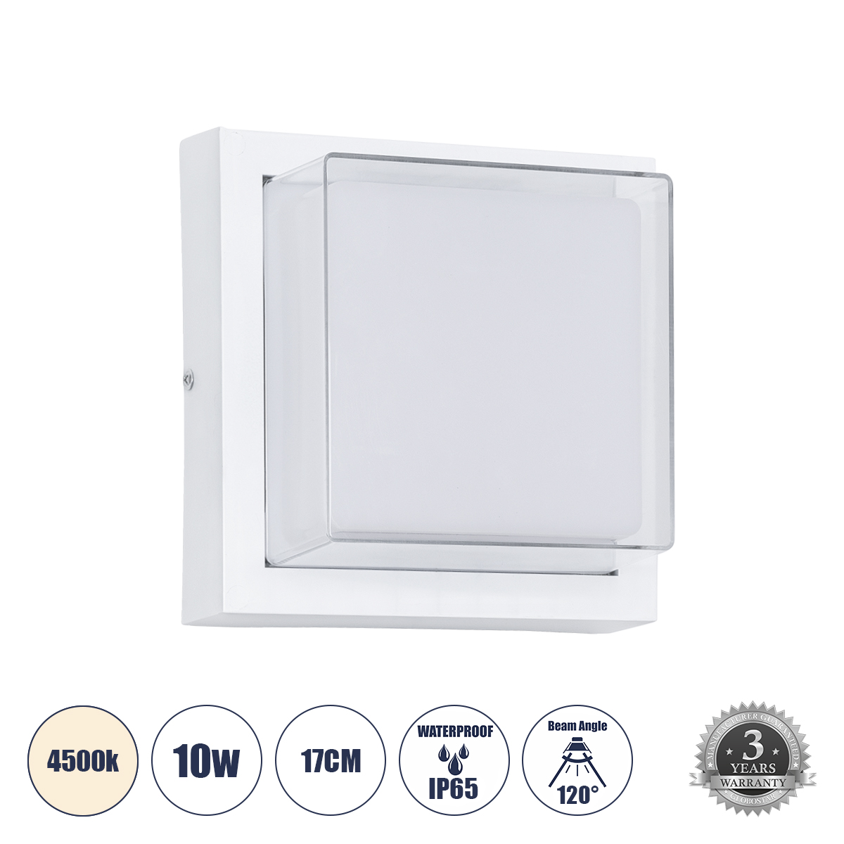 Μοντέρνο Φωτιστικό Τοίχου - Απλίκα LED 10W 1050lm 120° AC 220-240V Αδιάβροχο IP65 Φυσικό Λευκό 4500K - Bridgelux SMD Chip - Λευκό Ματ - Μ17 x Π17 x Υ9cm - 3 Χρόνια Εγγύηση