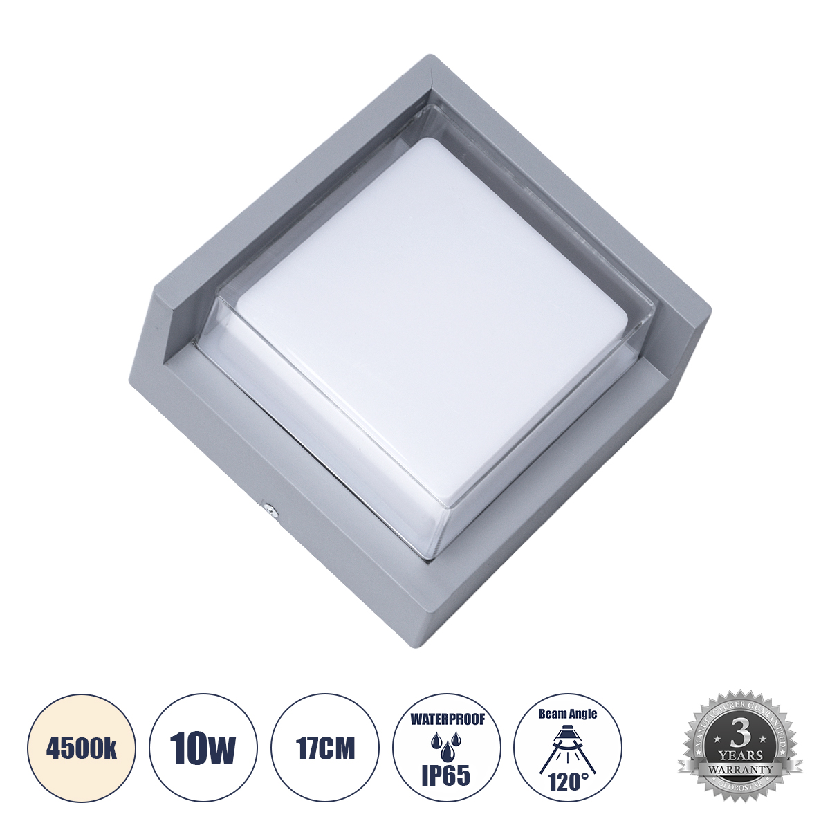 Μοντέρνο Φωτιστικό Τοίχου - Απλίκα LED 10W 1050lm 120° AC 220-240V Αδιάβροχο IP65 Φυσικό Λευκό 4500K - Bridgelux SMD Chip - Γκρι - Μ17 x Π17 x Υ9cm - 3 Χρόνια Εγγύηση