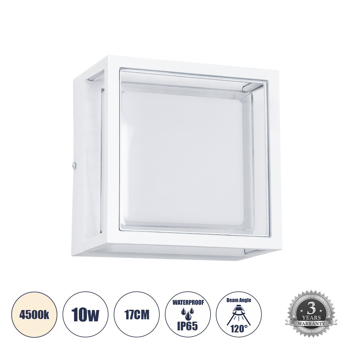 Μοντέρνο Φωτιστικό Τοίχου - Απλίκα LED 10W 1050lm 120° AC 220-240V Αδιάβροχο IP65 Φυσικό Λευκό 4500K - Bridgelux SMD Chip - Λευκό Ματ - Μ17 x Π17 x Υ9cm - 3 Χρόνια Εγγύηση