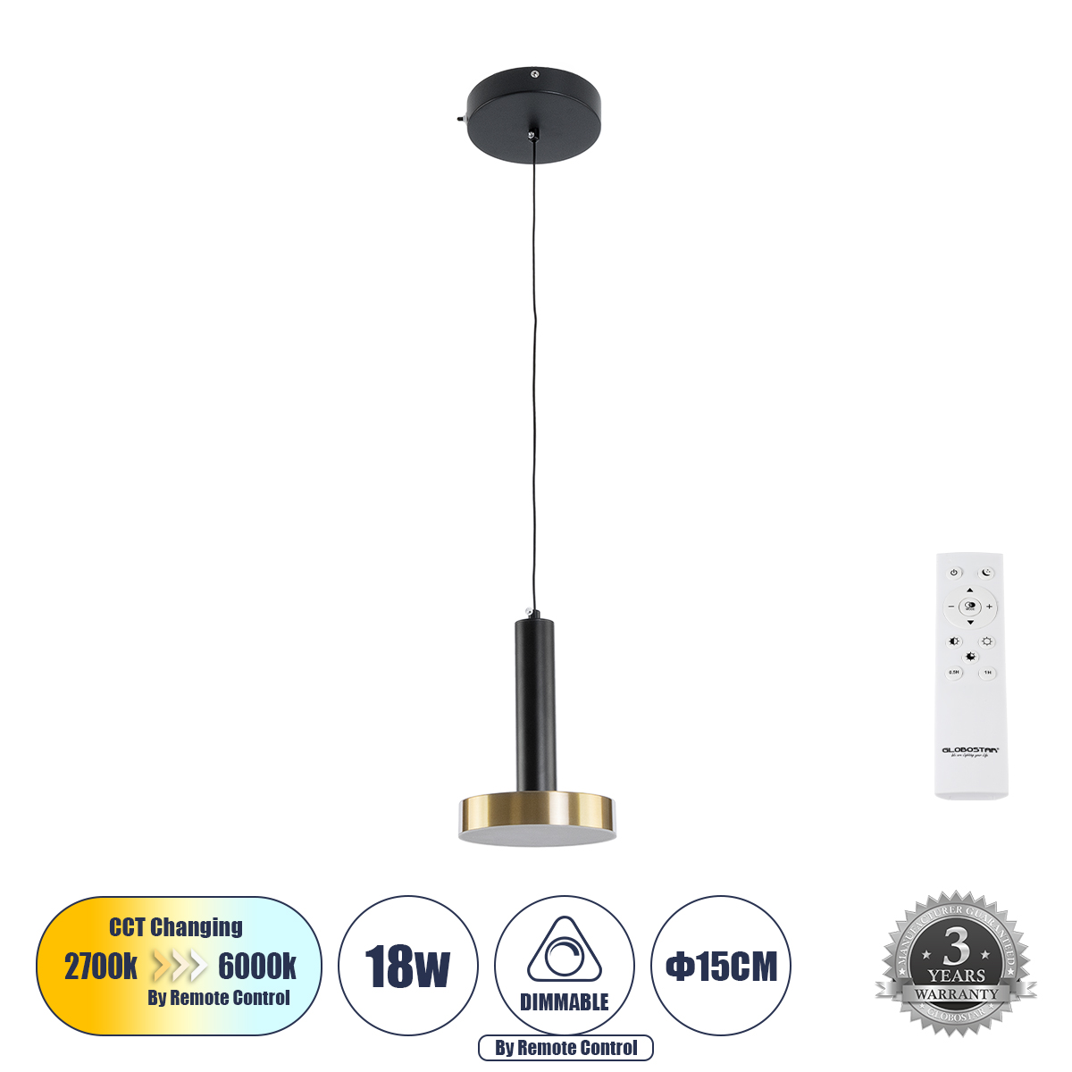 Μοντέρνο Κρεμαστό Φωτιστικό Οροφής LED 18W 2016lm 120° AC 220-240V IP20 Ρυθμιζόμενο Λευκό CCT με Χειριστήριο από 2700K έως 6000K Dimmable - Lumileds SMD Chip - Μαύρο Ματ & Χρυσό - Μ15 x Π15 x Υ20cm - 3 Χρόνια Εγγύηση