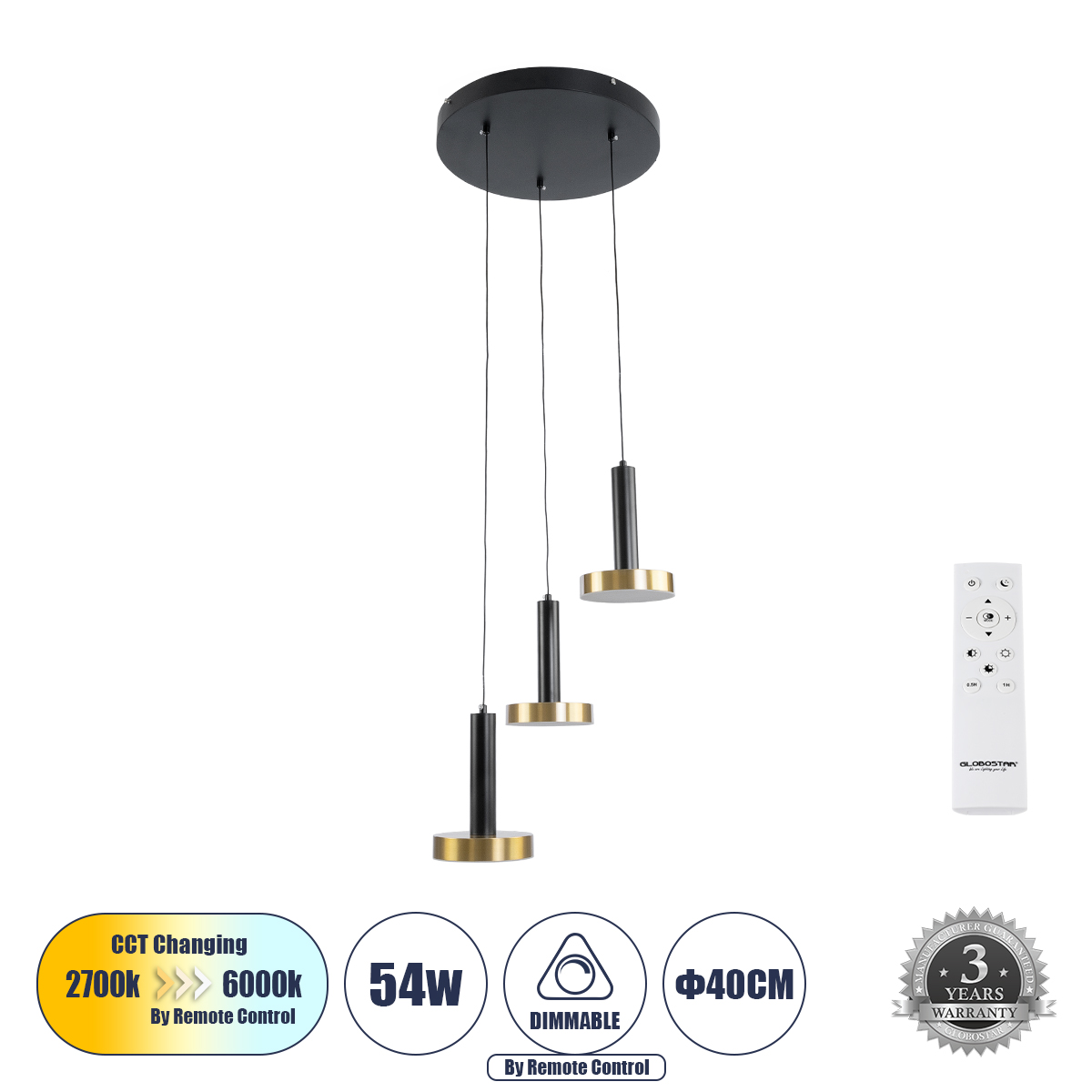 Μοντέρνο Κρεμαστό Φωτιστικό Οροφής LED 54W 6048lm 120° AC 220-240V IP20 Ρυθμιζόμενο Λευκό CCT με Χειριστήριο από 2700K έως 6000K Dimmable - Lumileds SMD Chip - Μαύρο Ματ & Χρυσό - Μ40 x Π40 x Υ20cm - 3 Χρόνια Εγγύηση
