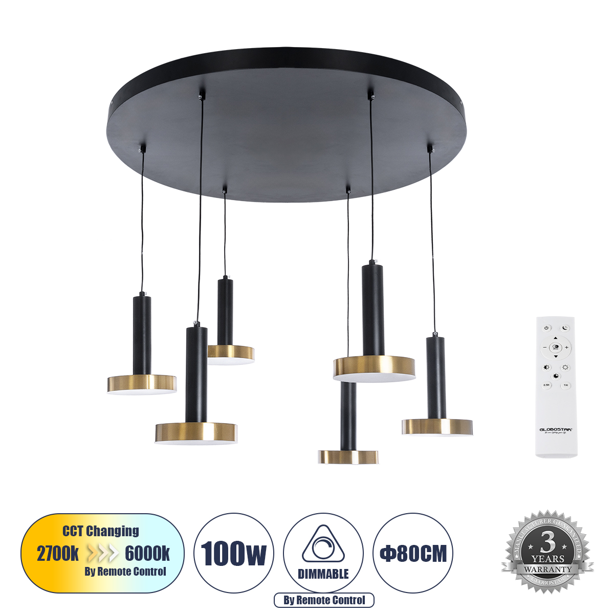 Μοντέρνο Κρεμαστό Φωτιστικό Οροφής LED 100W 11200lm 120° AC 220-240V IP20 Ρυθμιζόμενο Λευκό CCT με Χειριστήριο από 2700K έως 6000K Dimmable - Lumileds SMD Chip - Μαύρο Ματ & Χρυσό - Μ80 x Π80 x Υ20cm - 3 Χρόνια Εγγύηση