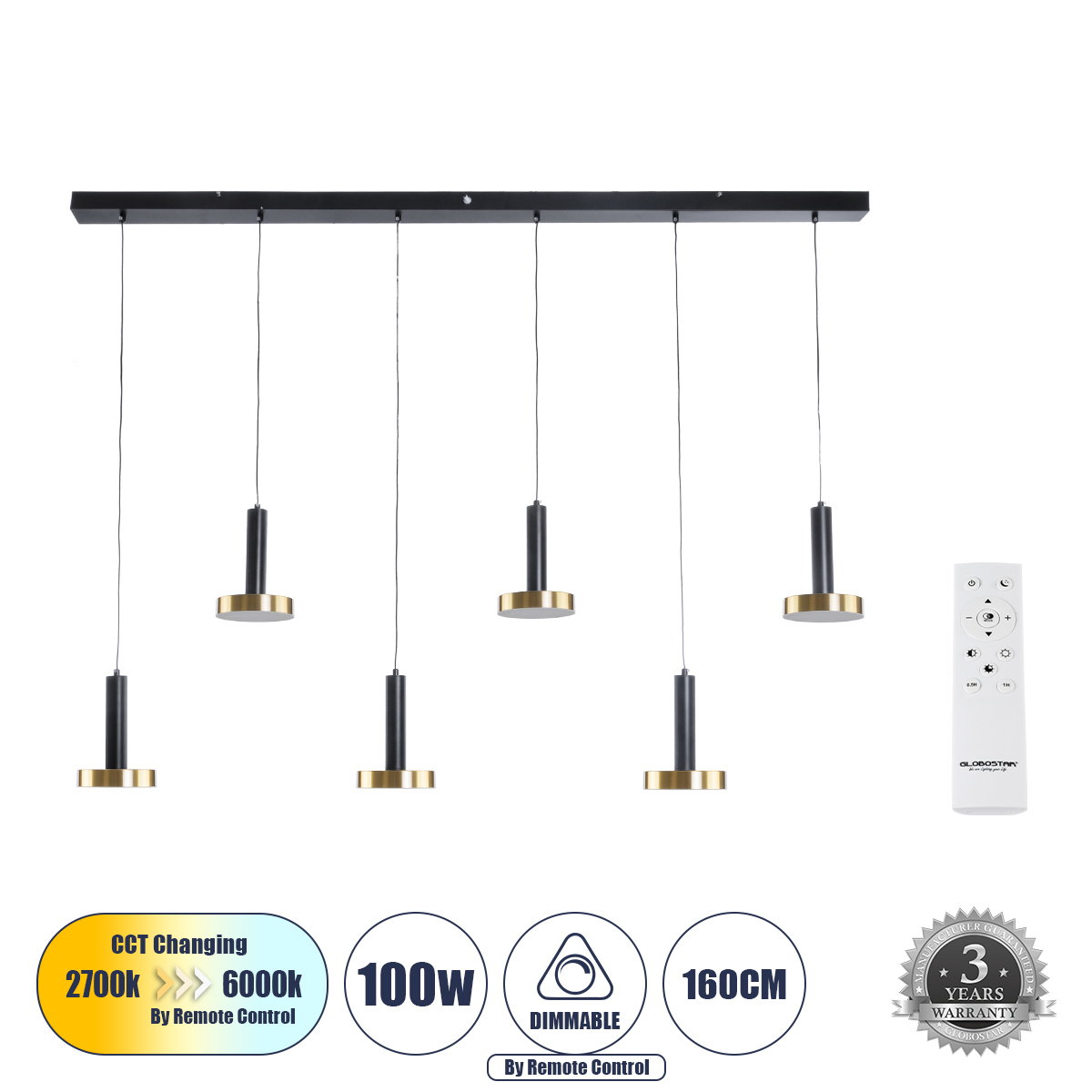 Μοντέρνο Κρεμαστό Φωτιστικό Οροφής LED 100W 11200lm 120° AC 220-240V IP20 Ρυθμιζόμενο Λευκό CCT με Χειριστήριο από 2700K έως 6000K Dimmable - Lumileds SMD Chip - Μαύρο Ματ & Χρυσό - Μ160 x Π15 x Υ20cm - 3 Χρόνια Εγγύηση