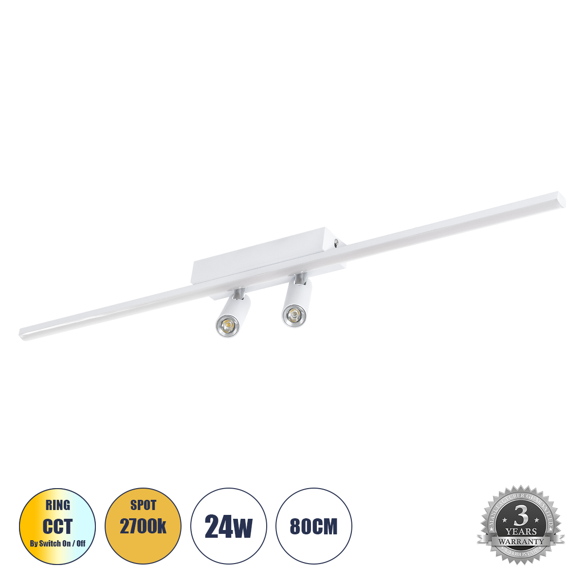 Μοντέρνο Φωτιστικό Οροφής LED 24W 2688lm 160° & 45° AC 220-240V IP20 Ρυθμιζόμενο Λευκό CCT με On/Off 2700K/4500K/6000K - Lumileds SMD Chip - Λευκό Ματ - Μ80 x Π5 x Υ15cm - 3 Χρόνια Εγγύηση