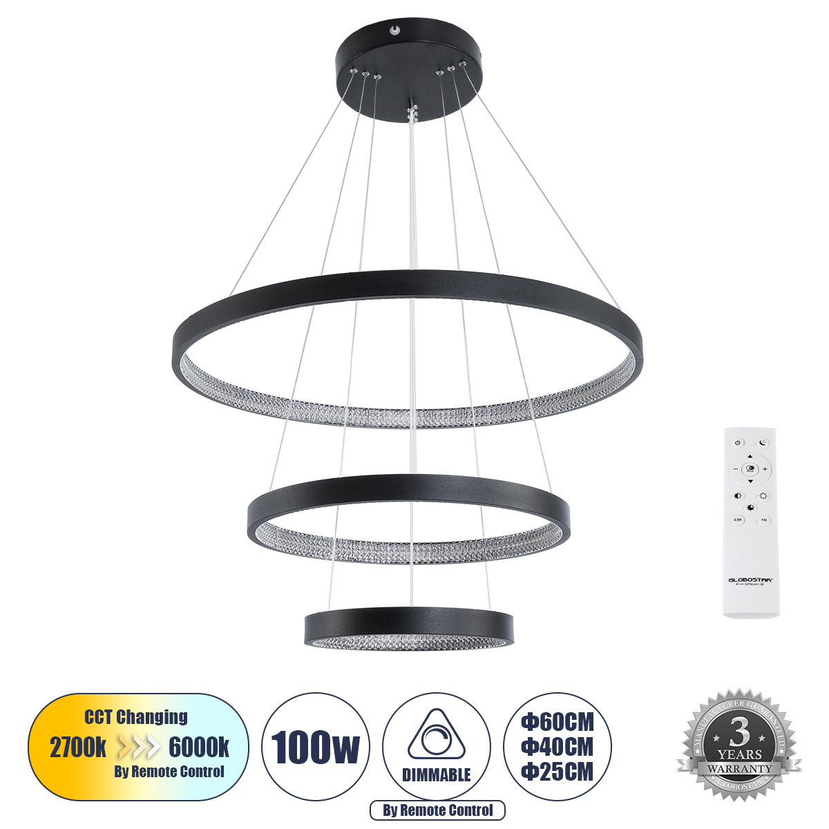 Μοντέρνο Κρεμαστό Φωτιστικό Οροφής LED 100W 11200lm 360° AC 220-240V IP20 Ρυθμιζόμενο Λευκό CCT με Χειριστήριο από 2700K έως 6000K Dimmable - Lumileds SMD Chip - Μαύρο Ματ - Μ90 x Π90 x Υ90cm - 3 Χρόνια Εγγύηση