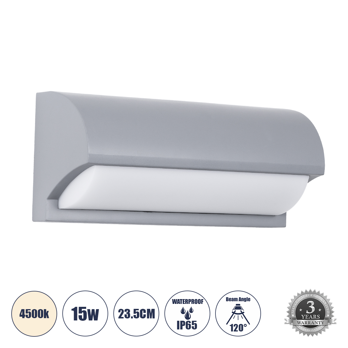 Μοντέρνο Φωτιστικό Τοίχου - Απλίκα LED 15W 1575lm 120° AC 220-240V Αδιάβροχο IP65 Φυσικό Λευκό 4500K - Bridgelux SMD Chip - Γκρι Ματ - Μ23.5 x Π11 x Υ10cm - 3 Χρόνια Εγγύηση
