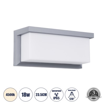 Μοντέρνο Φωτιστικό Τοίχου - Απλίκα LED 18W 1890lm 120° AC 220-240V Αδιάβροχο IP65 Φυσικό Λευκό 4500K - Bridgelux SMD Chip - Γκρι Ματ - Μ23.5 x Π11 x Υ10cm - 3 Χρόνια Εγγύηση