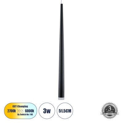 Μοντέρνο Κρεμαστό Φωτιστικό Οροφής LED 3W 330lm 180° AC 220-240V IP20 Ρυθμιζόμενο Λευκό CCT με Χειριστήριο από 2700K έως 6000K Dimmable - Lumileds SMD Chip - Μαύρο Ματ - Μ3.2 x Π3.2 x Υ51.5cm - 3 Χρόνια Εγγύηση