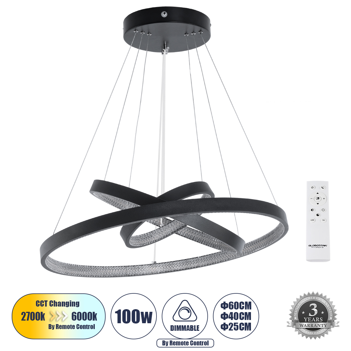 Μοντέρνο Κρεμαστό Φωτιστικό Οροφής LED 100W 11200lm 360° AC 220-240V IP20 Ρυθμιζόμενο Λευκό CCT με Χειριστήριο από 2700K έως 6000K Dimmable - Lumileds SMD Chip - Μαύρο Ματ - Μ90 x Π90 x Υ90cm - 3 Χρόνια Εγγύηση
