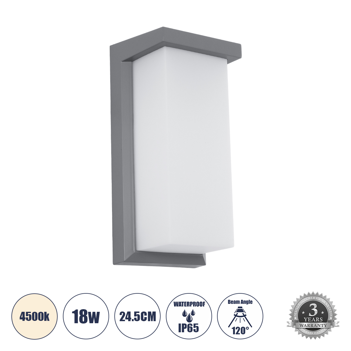 Μοντέρνο Φωτιστικό Τοίχου - Απλίκα LED 18W 1890lm 120° AC 220-240V Αδιάβροχο IP65 Φυσικό Λευκό 4500K - Bridgelux SMD Chip - Γκρι Ματ - Μ24.5 x Π11 x Υ9.5cm - 3 Χρόνια Εγγύηση