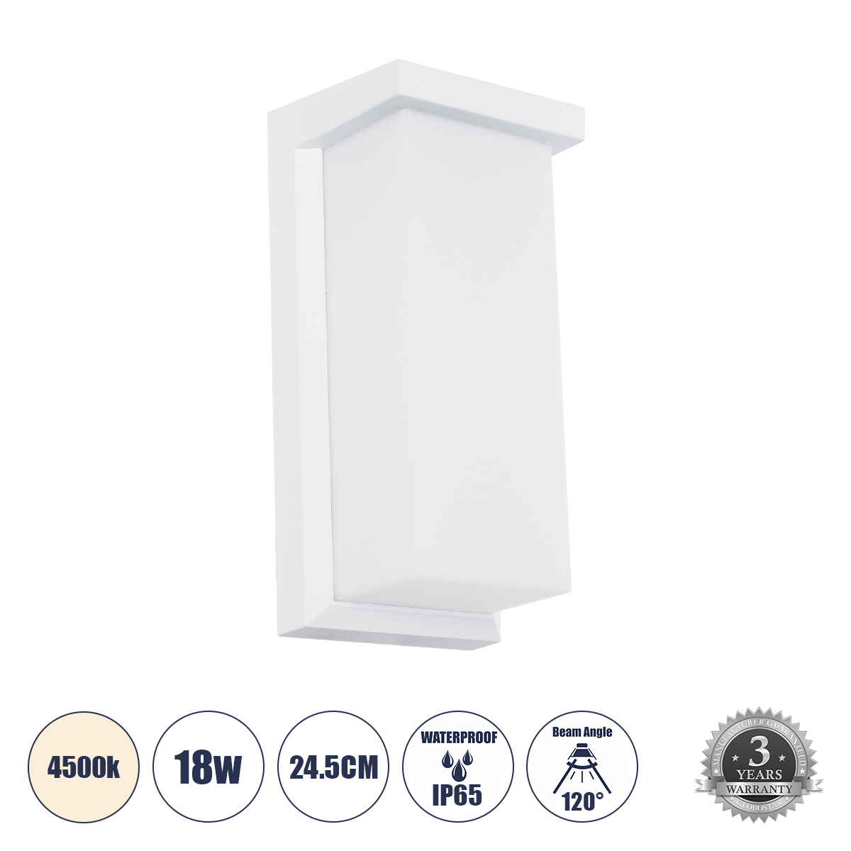 Μοντέρνο Φωτιστικό Τοίχου - Απλίκα LED 18W 1890lm 120° AC 220-240V Αδιάβροχο IP65 Φυσικό Λευκό 4500K - Bridgelux SMD Chip - Λευκό Ματ - Μ24.5 x Π11 x Υ9.5cm - 3 Χρόνια Εγγύηση