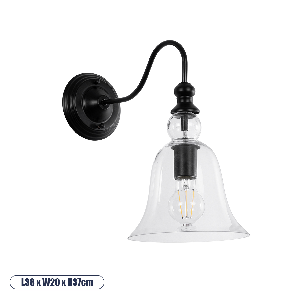 Vintage Φωτιστικό Τοίχου - Απλίκα με Ντουί 1 x E27 AC 220-240V IP20 - Μαύρο & Διάφανο - Μ38 x Π20 x Υ37cm