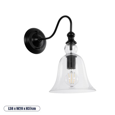 Vintage Φωτιστικό Τοίχου - Απλίκα με Ντουί 1 x E27 AC 220-240V IP20 - Μαύρο & Διάφανο - Μ38 x Π20 x Υ37cm
