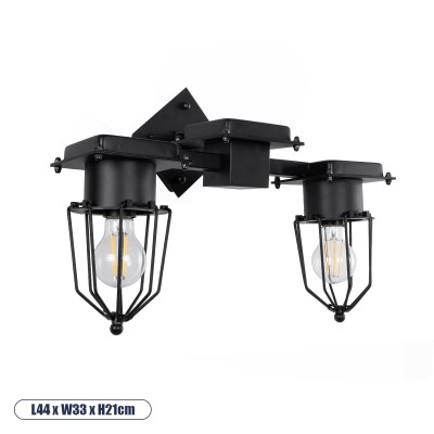 Vintage Φωτιστικό Τοίχου - Απλίκα με Ντουί 2 x E27 AC 220-240V IP20 - Μαύρο - Μ44 x Π33 x Υ21cm