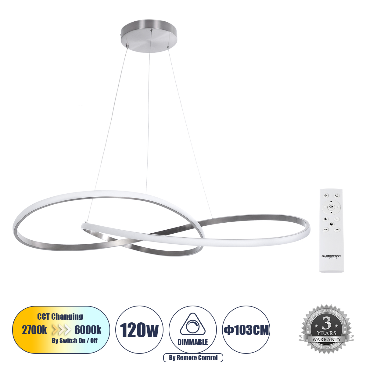 Μοντέρνο Κρεμαστό Φωτιστικό Οροφής LED 120W 13440lm 300° AC 220-240V IP20 Ρυθμιζόμενο Λευκό CCT με Χειριστήριο από 2700K έως 6000K Dimmable - Lumileds SMD Chip - Νίκελ Βούρτσας - Μ103 x Π103 x Υ30cm - 3 Χρόνια Εγγύηση