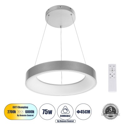Μοντέρνο Κρεμαστό Φωτιστικό Οροφής LED 75W 8625lm 120° AC 220-240V IP20 Ρυθμιζόμενο Λευκό CCT με Χειριστήριο από 2700K έως 6000K Dimmable - Lumileds SMD Chip - Γκρι - Μ45 x Π45 x Υ6cm - 3 Χρόνια Εγγύηση