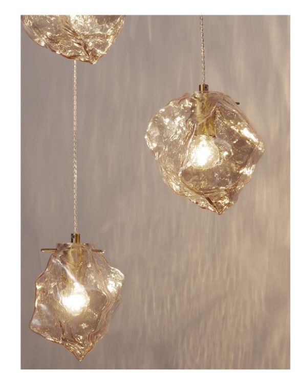 3-LIGHT FIXTURE IRREGULAR AMBER GLASS-BRASS GOLD METAL