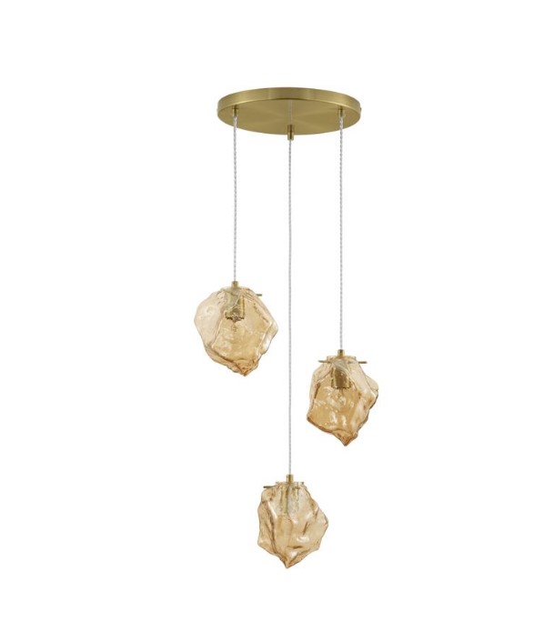3-LIGHT FIXTURE IRREGULAR AMBER GLASS-BRASS GOLD METAL
