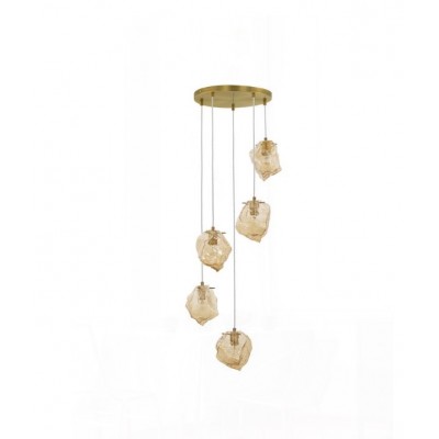 5-LIGHT FIXTURE IRREGULAR AMBER GLASS BRASS GOLD METAL Ø35cm