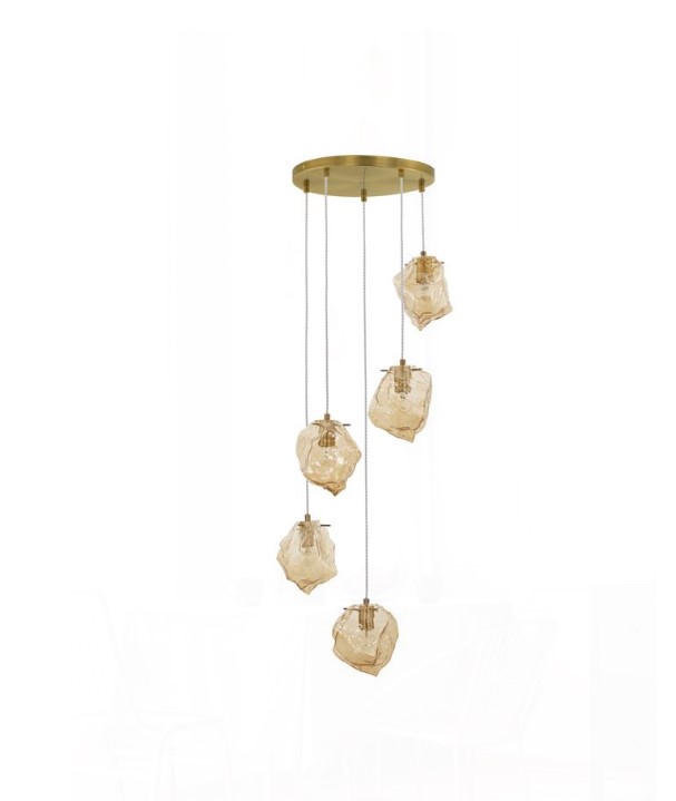 5-LIGHT FIXTURE IRREGULAR AMBER GLASS BRASS GOLD METAL Ø35cm