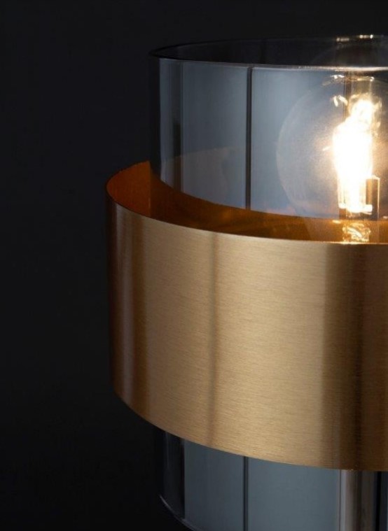 TABLE LAMP BRASS GOLD&SMOKE GLASS H:47cm