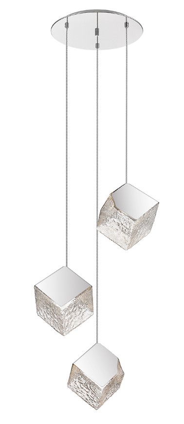 3-LIGHT CUBIC PENDANT TEXTURED GLASS-CHROME, ROSETTE