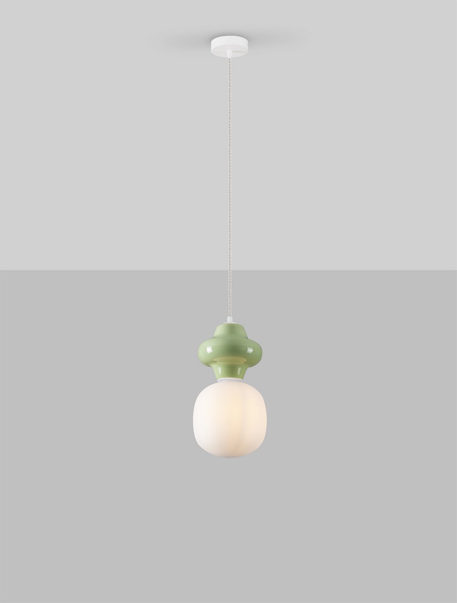 ΚΡΕΜΑΣΤΟ ΜΟΝΟΦΩΤΟ Matt White Metal Base Green Ceramic & Acid Opal Glass