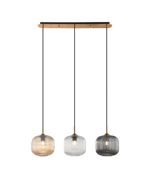 LINEAR TRIPLE PENDANT WITH TRI-COLORED GLASS SHADES