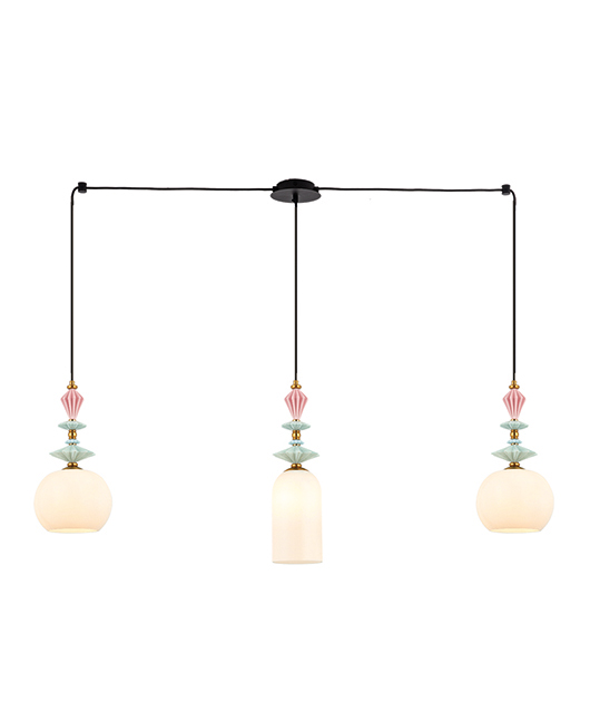 LINEAR TRIPLE OPAL GLASS PENDANT WITH COLORFUL CERAMIC ELEMENTS